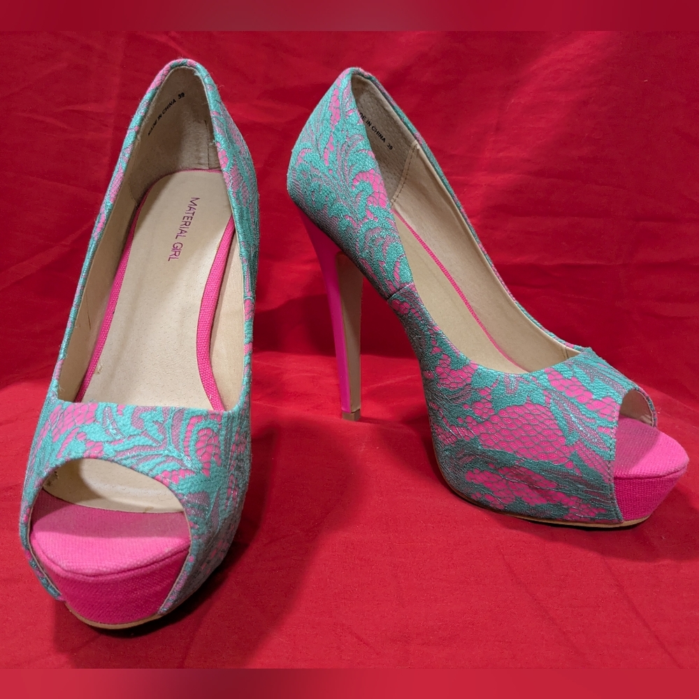 Material Girl Pink and Teal Lace Peep Toe Heels